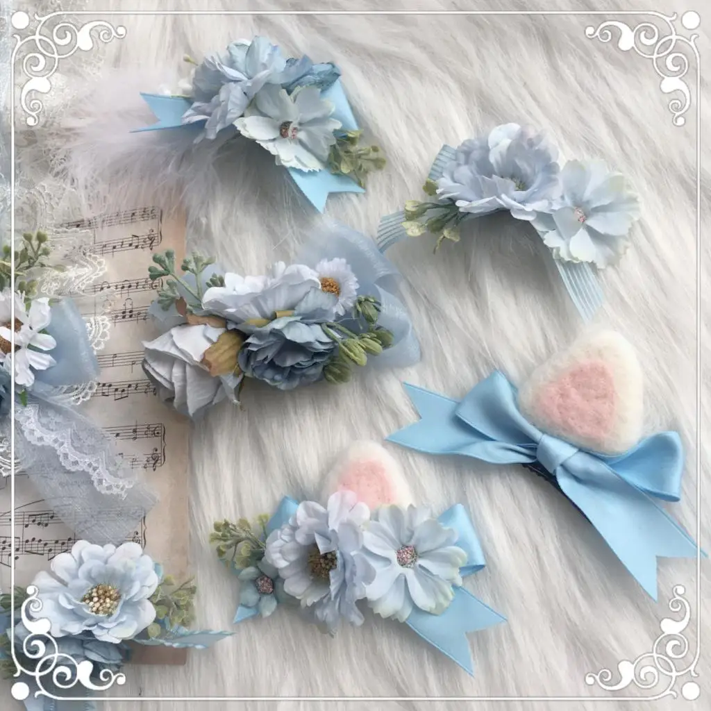 

Original homemade luxuriant lolita elements with light blue lolita style headdress hairpin kawaii cute cat ears