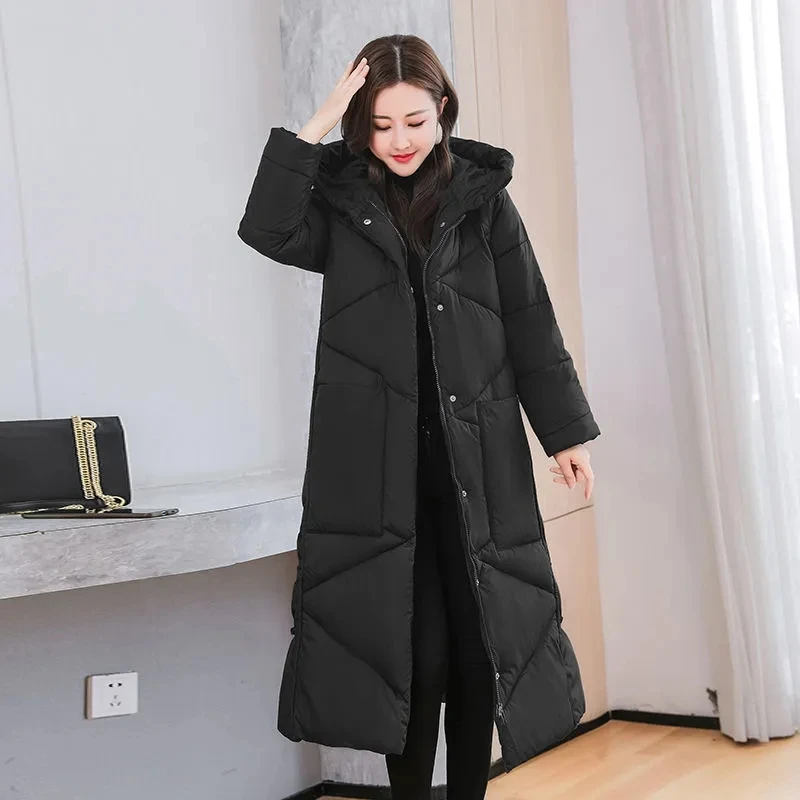 2023 Korean Jacket Women Winter X-long Parkas Solid Hooded Thicken Warm Female Snow Wear Coat Padded Loose Clothes