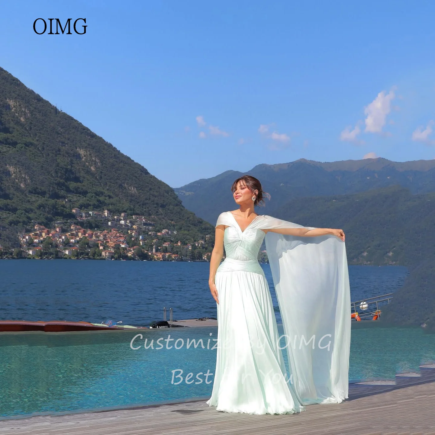 فستان OIMG رشيق بأكمام قصيرة على شكل حرف A فساتين حفلات على شكل حرف V مطوي للحفلات والعطلات بطول الأرض فستان سهرة 2025 مخصص #5