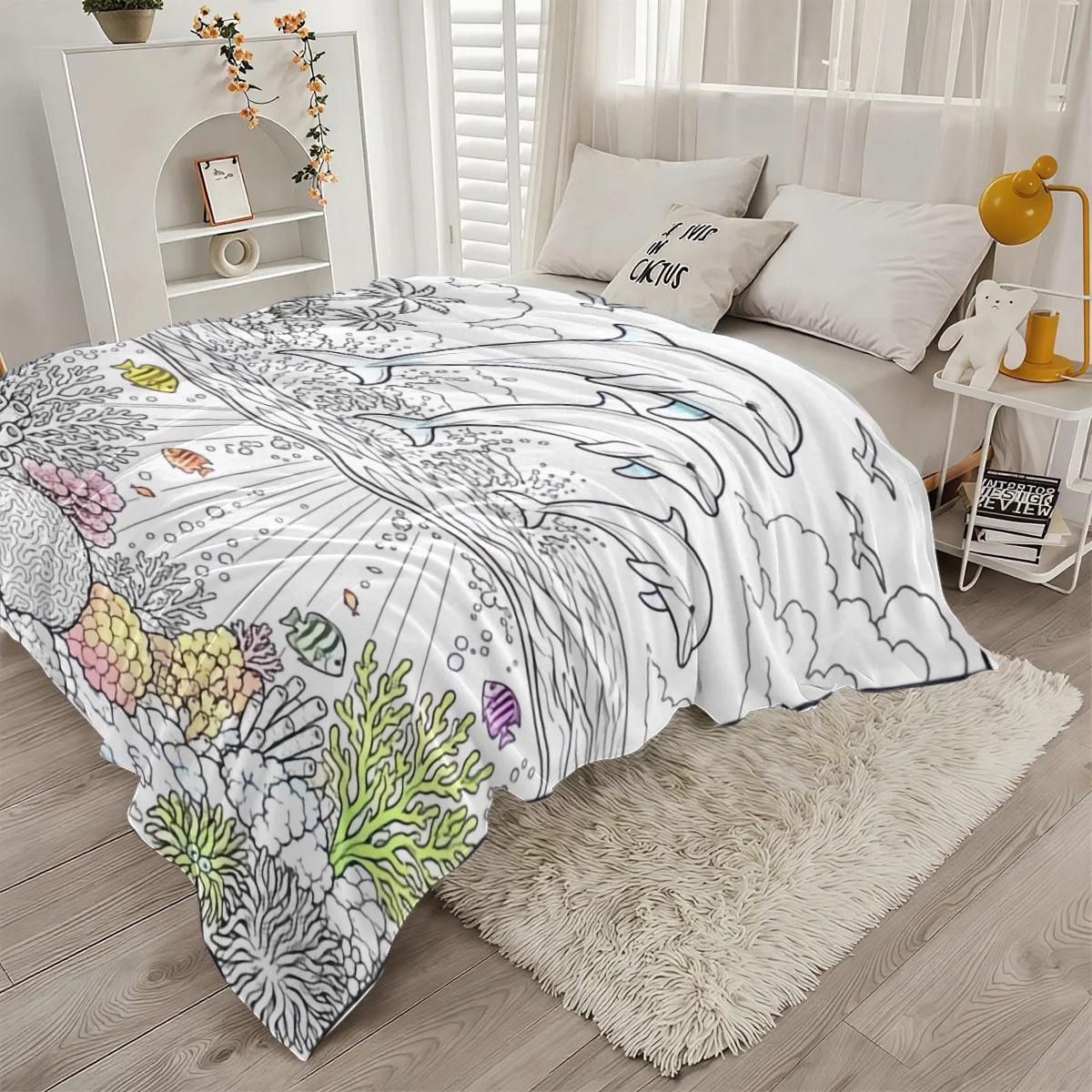 Sea Dolphin Throw Blanket Underwater Coral Fish Seaside Doodle Line Print Soft Flannel for Kids Room Sofa Lap Marine Theme Decor