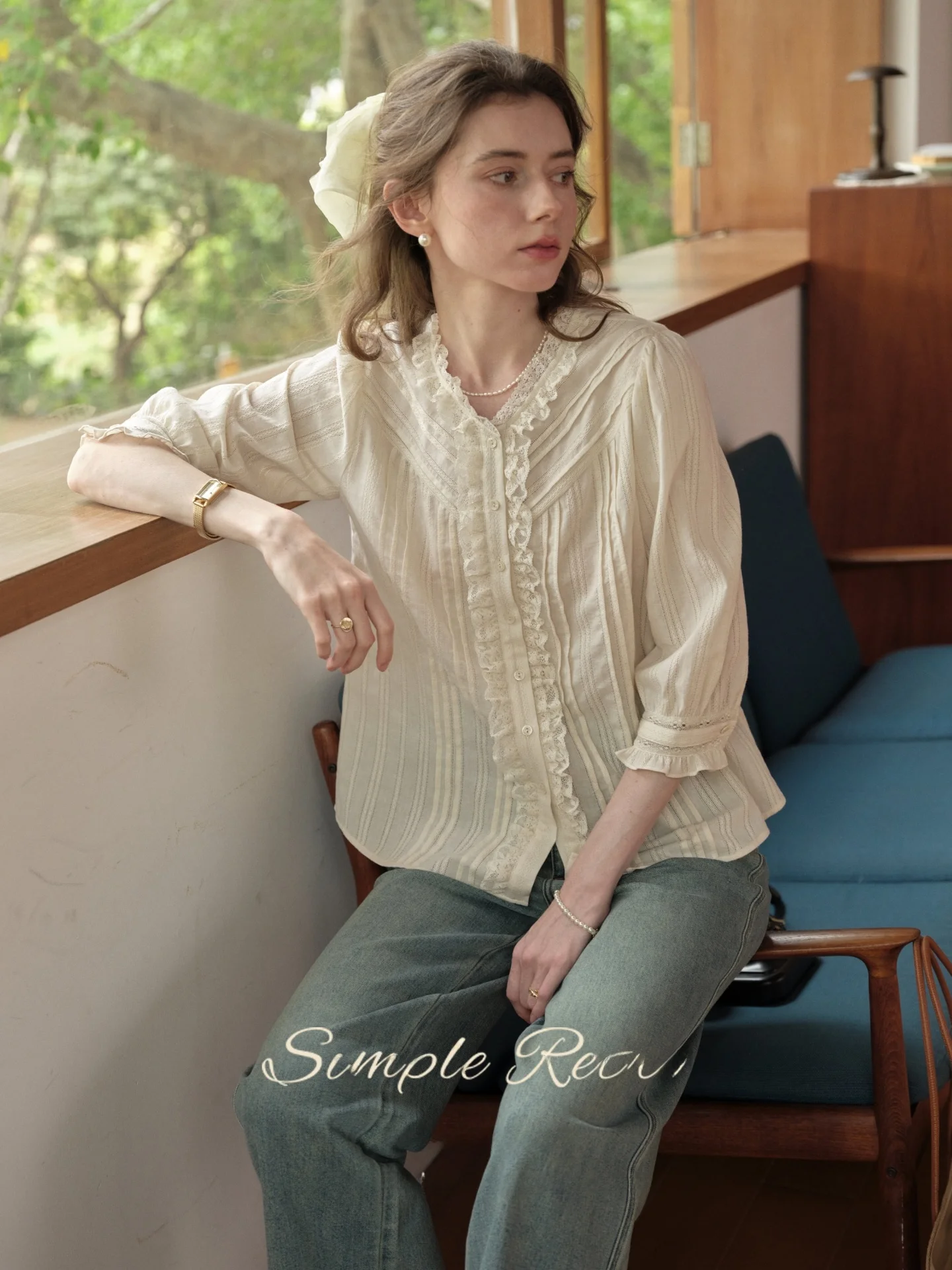 

SimpleRetro Pure Cotton Embroidered Lace irt Women's Commute Top Wooden Trim French Sve Loose Fit Breathable Skin-F...