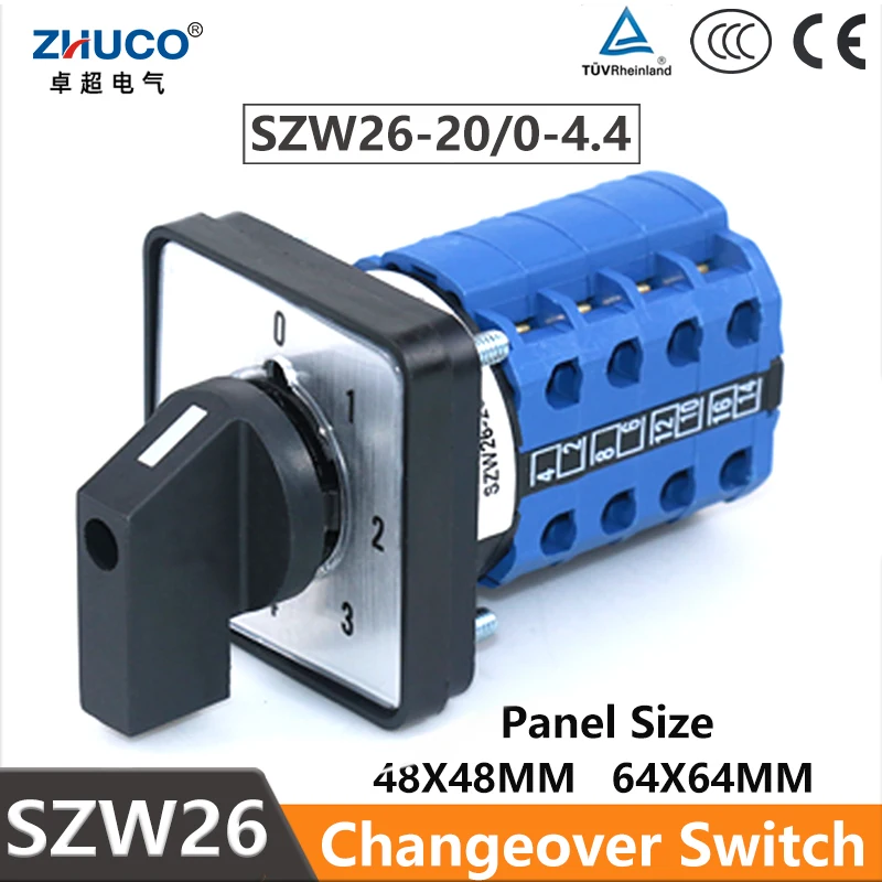 

ZHUCO SZW26/LW26-20/0-4.4 20A 660V 4 Poles 16 Terminals 64X64 mm 48X48 mm Panel Changeover Rotary Selector Universal Cam Switch