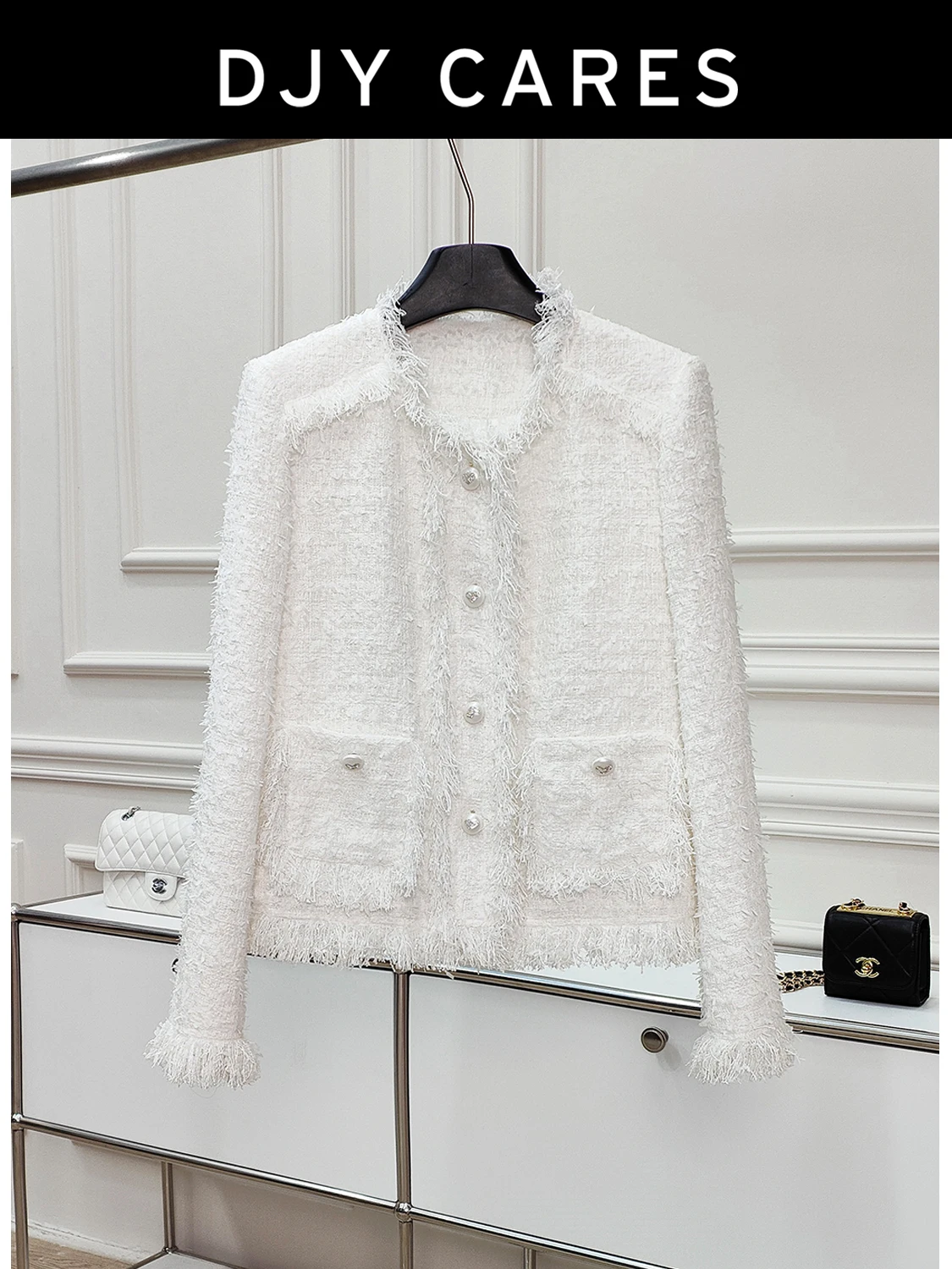 

New Coarse tweed white socialite jacket versatile and comfortable top big size