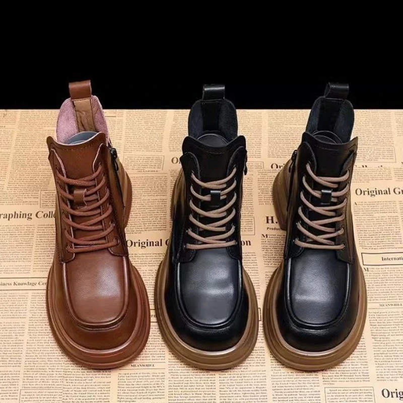 جولة تو منصة الدانتيل متابعة الجوارب الجلدية الصوف مبطن حذاء من الجلد للنساء الخريف الشتاء الاتجاه 2025 القوطي امرأة أحذية قصيرة #6