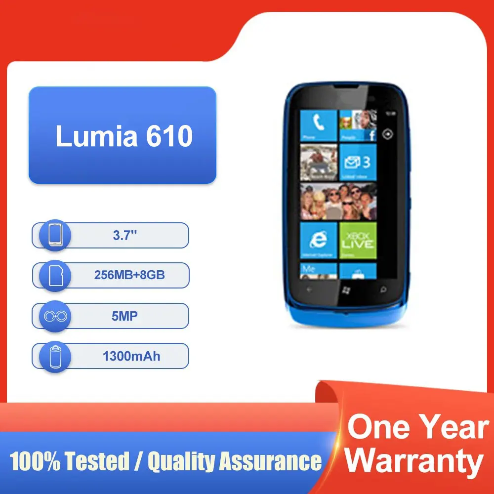الأصلي مقفلة Lumia 610 شريحة واحدة 8GB ROM 256MB RAM 3.7 "1300mAh شحن سريع 3G TFT الهاتف المحمول في حالة جيدة #1