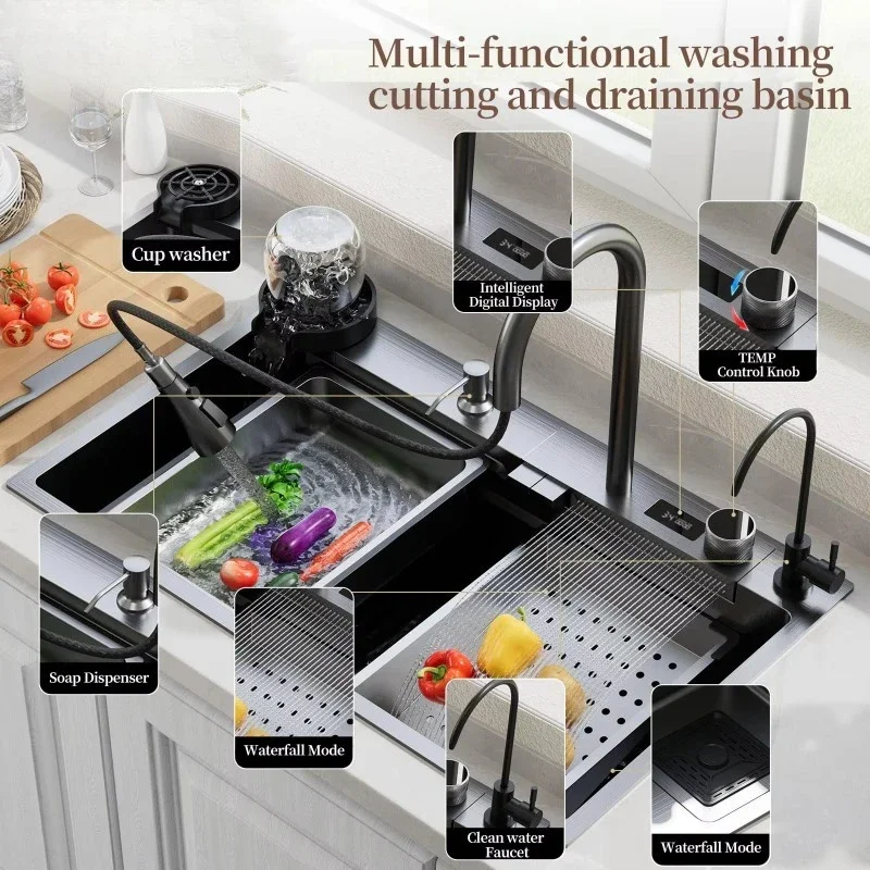 

【Best-selling】New Black Nano Kitchen Sink with Waterfall, Single Bowl Stainless Steel Kitchen Sink with Digital Display and Fauc