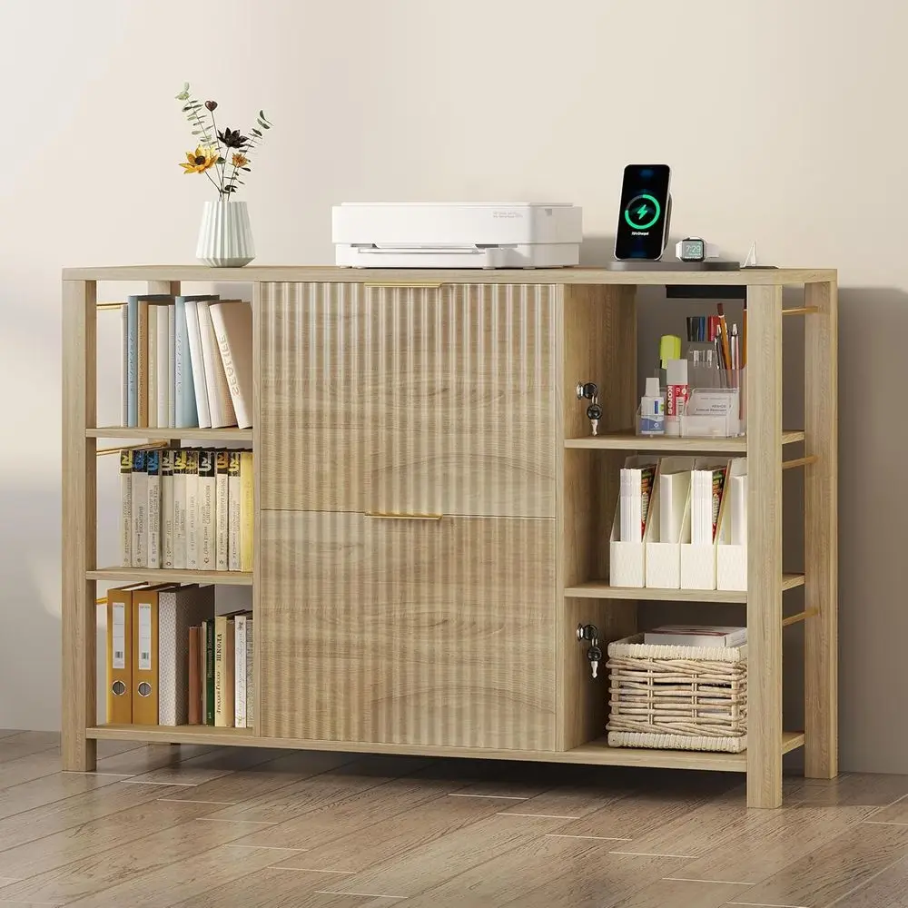 

Solid Wood File Cabinet with 2 Drawers for Letter/Legal/A4 Files, 43.3 Wide Printer Stand with Lock and 2 Power Outlets, 6 Oak S