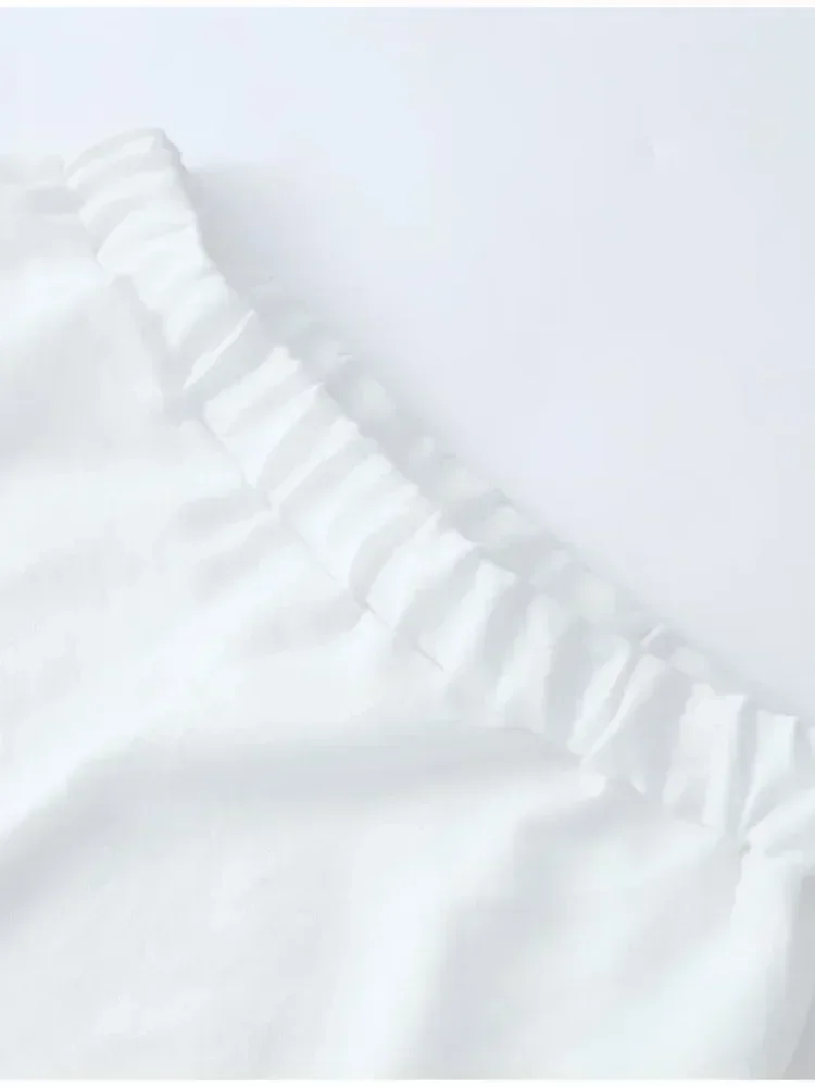 2024 Women's 2-piece Cotton and Linen Loose Shorts with Ruffled Edges and Drawstring Long-sleeved Pullover Casual Beach Set