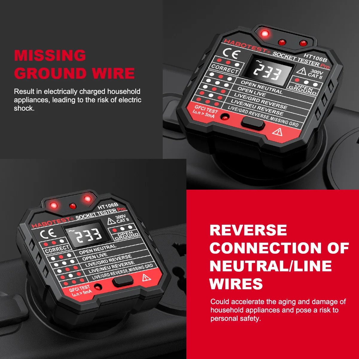 HT106 Digitaler Steckdosentester Pro Spannung 30 mA RCD-Test Smart Detector EU US UK Stecker Ground Zero Line Polarität Phasenprüfung