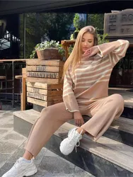 2024 Fashionable Striped Style Knitted Two-piece Turtleneck Sweater Loose Casual Long-sleeved Pants Temperament Commuting Suit