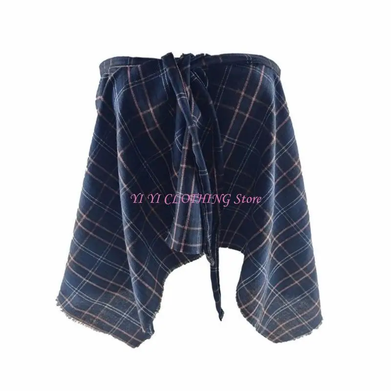 

N5KF Hiphop Checkered Wrap Skirt Tie Up Ripped Hip Scarf Underskirt Shirt Extender