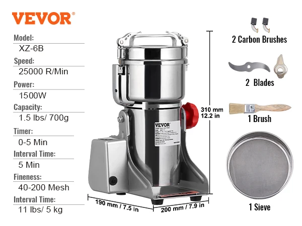 VEVOR 150-2500g Elektryczny młynek do ziarna Komercyjny młynek do przypraw obrotowych do suchych ziół Ziarna Przyprawy Zboża Kawa Kukurydza