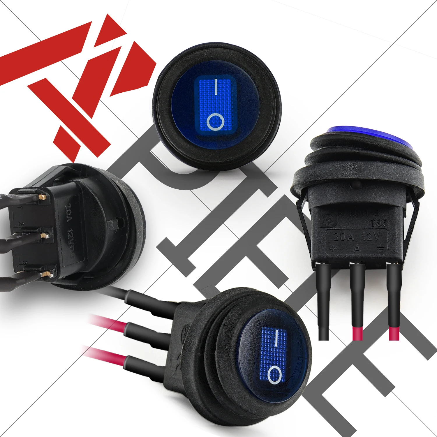 APIELE 5PCS Waterproof Round Rocker Toggle Switch 20CM Pre-Wired 2 Position DC 12V 20A ON-Off with LED Light SPST 3 Pins