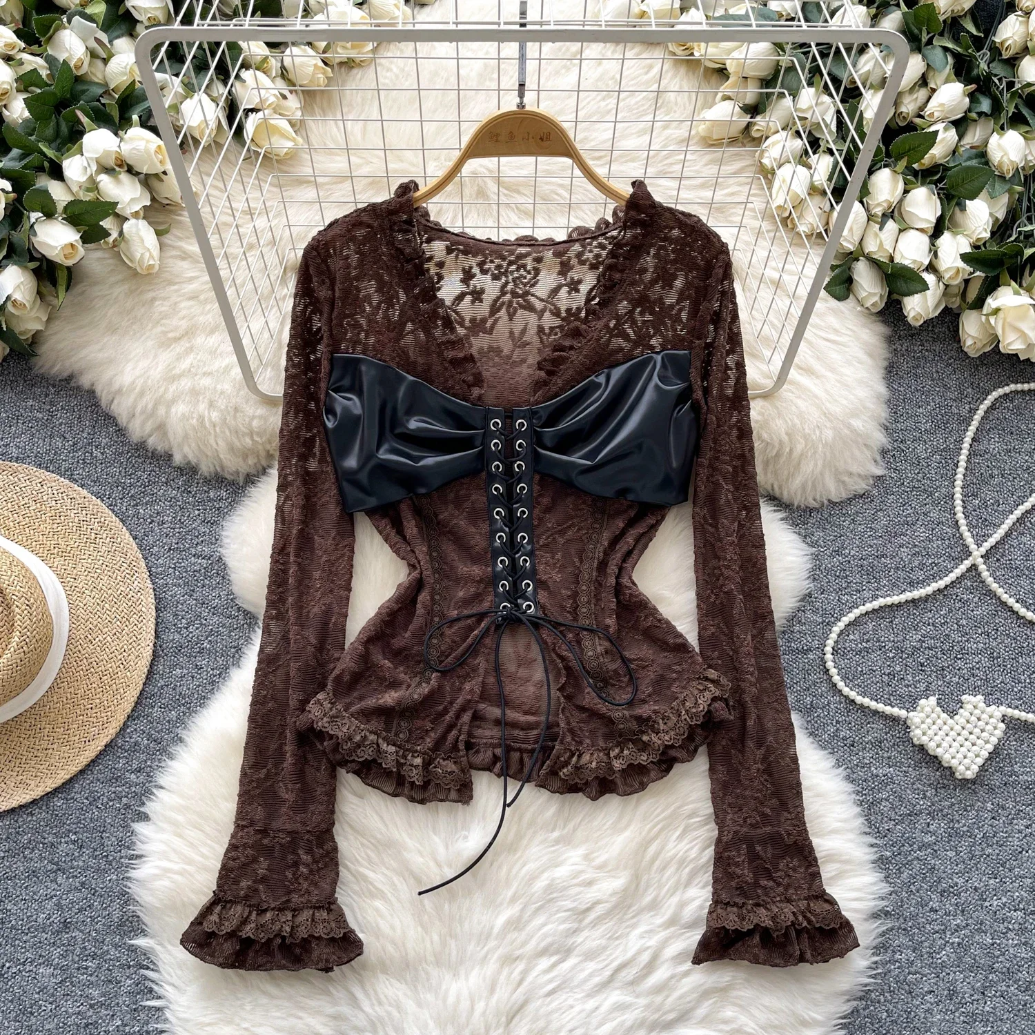 Vintage Lace Chic Long Sleeve Bandage Slim Mesh Spliced Leather Top Korean Fashion Women Streetwear High Street Autumn Blouse