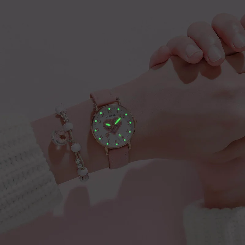 Bonito em forma de coração dial brilhante relógio infantil luminoso fluorescente feminino estudante moda relógio simples amor à primeira vista