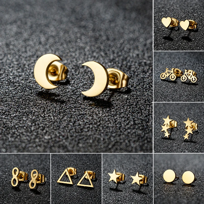 

Fashion Small Stainless Steel Earrings Geometric Women Men Minimalist Round Heart Moon Star Ear Studs Triangle Pendientes Gift