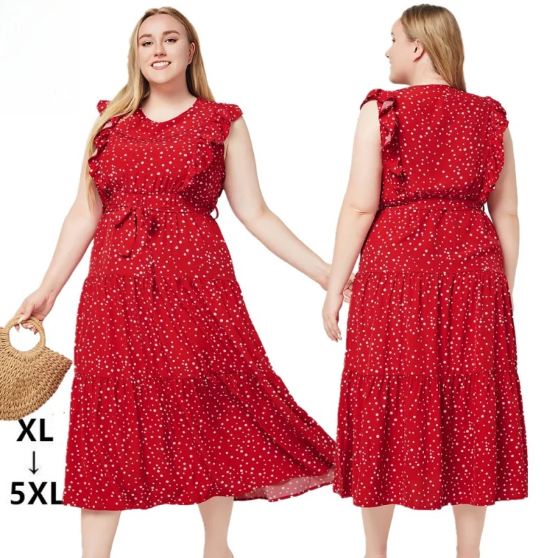 

2024 European and American plus Size Women's Clothes Summer New round Neck Ruffled Sleeveless Polka Dot Temperament Dress