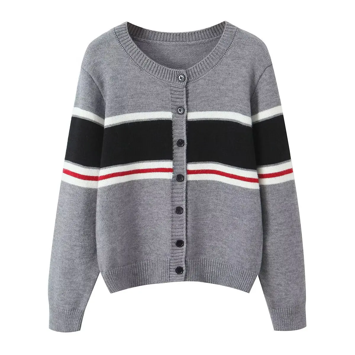 Women's Round Neck Knit Color Block Single-Breasted Cardigan   E7J8