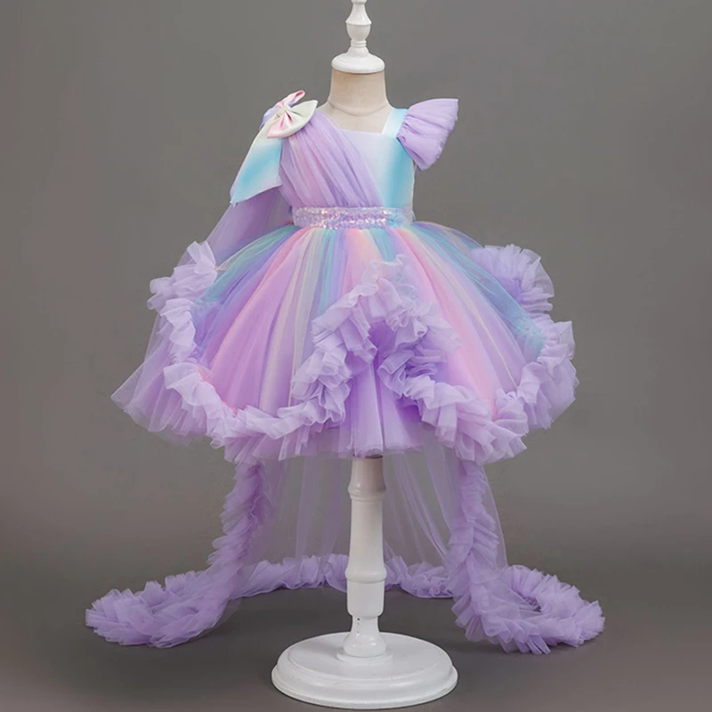 New Baby Girl Performance Dress One-Shoulder Sequins Girls Beauty Pageant Tail Dress 2-6 Year Old Flower Girl Wedding Dress