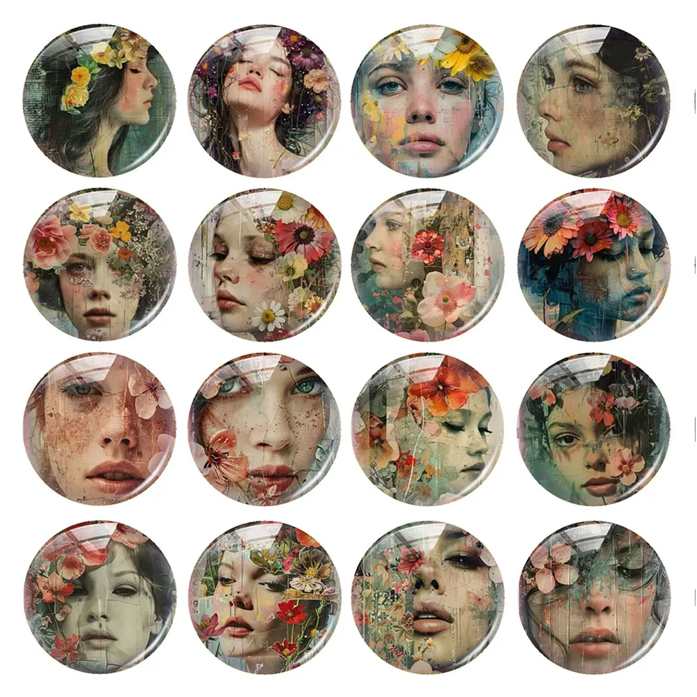 Random Mixed Round/Oval/Square Retro Flowers Girl Portrait Photo Glass Cabochon Flatback Demo Cameo For Diy Jewelry Making