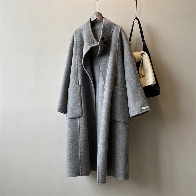 Temperament Standing Collar Double Faced Woolen Long Coat For Women's Autumn And Winter 2023 New High-End Felt Woolen Coat