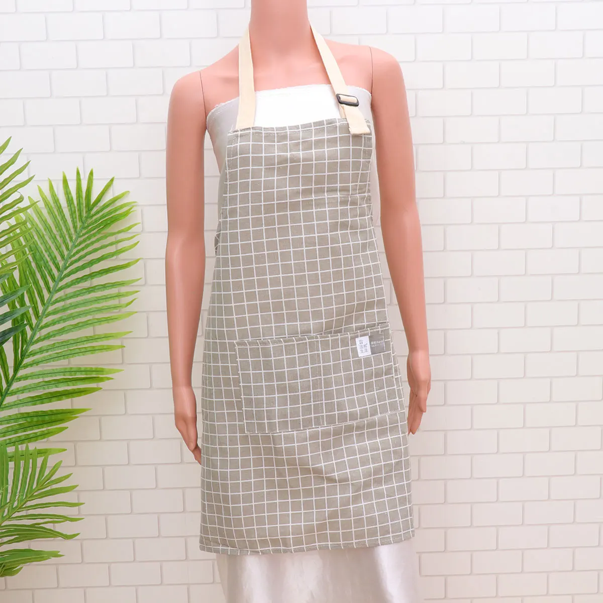 

Checkered Cotton Linen Aprons Adjustable Halter Kitchen Cooking Smock Pockets Baking Bbq Gardening Restaurant Home Use Grey
