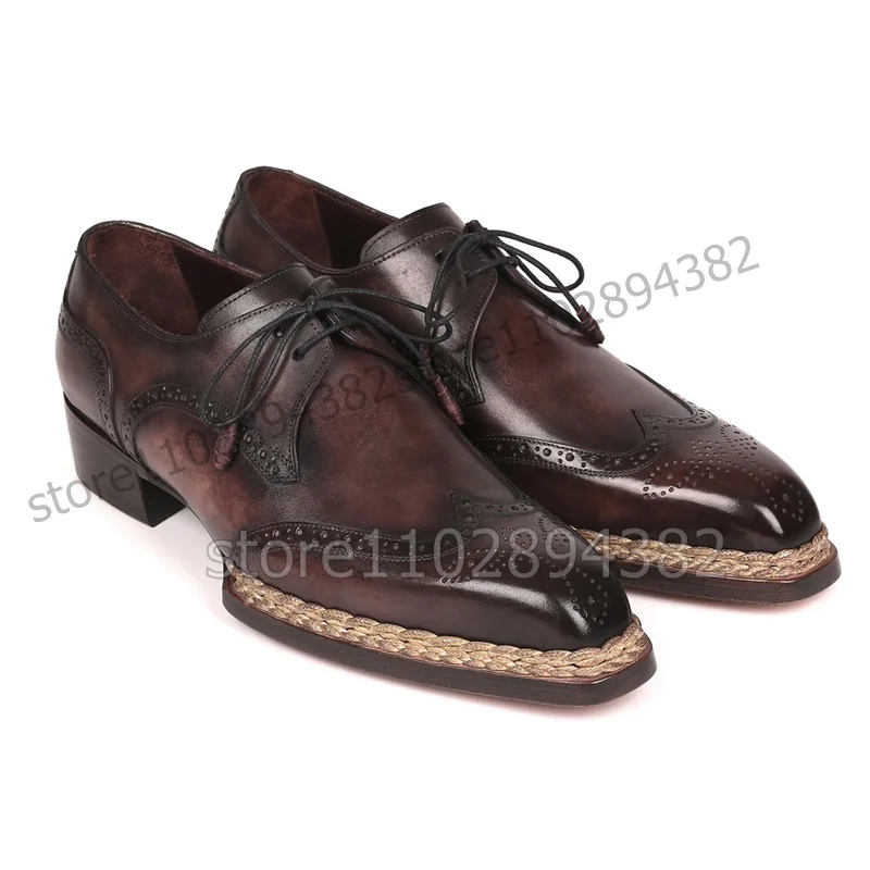 Brown Knitted Carving Design Square Toe Men Derby Shoes Fashion Lace up Men Shoes Luxury Handmade Party Banquet Men Dress Shoes