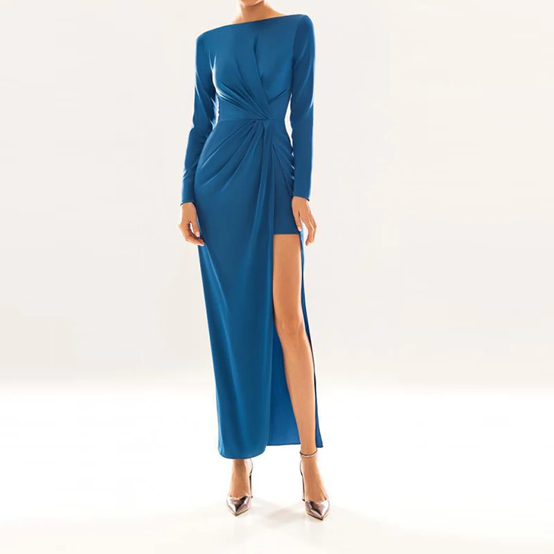 

Blue Cocktail Fashion Side Split فساتين ال Long Sleeves Robe De Soirée Elegant Ruffle Sceep Dubai Zipper Up Evening Dress 2023