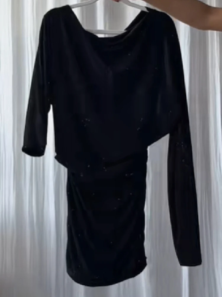 فستان قصير برقبة مائلة لامعة ترتر وأكمام طويلة بقصة ضيقة فساتين سهرة للحفلات والعطلات من فيستدوس 2025 فساتين سهرة جديدة للسيدات #1