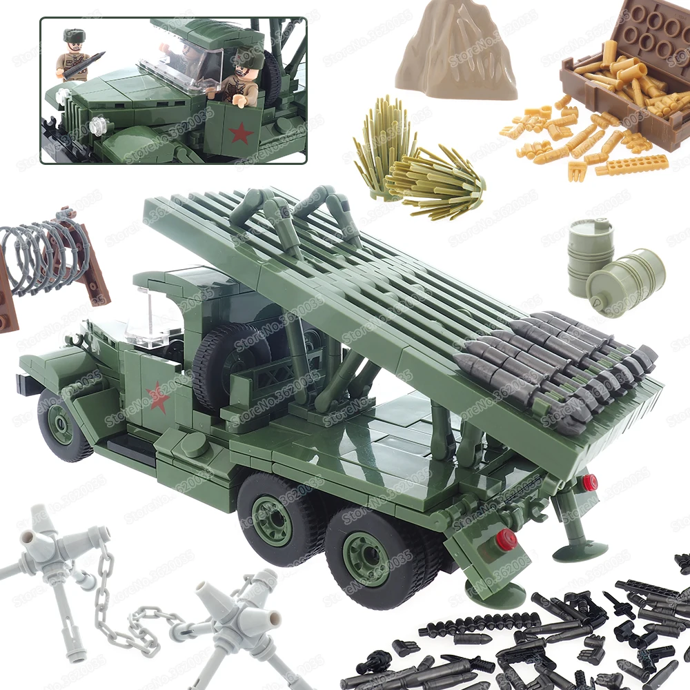 Military Katyusha BM-13 Multi-Tube Weapons Chariot Building Block Assembled WW2 Figures Wheel Type Car Model Child Gift Boy Toys