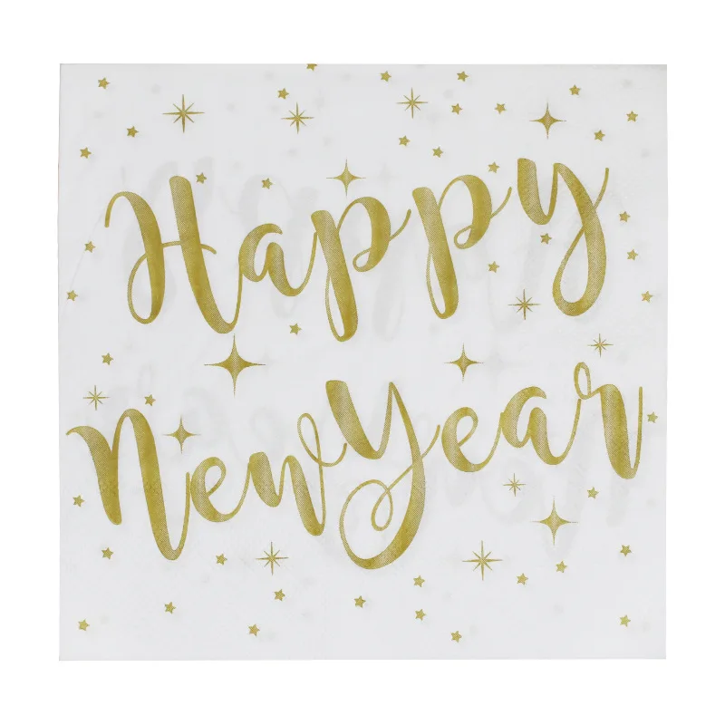 20 ชิ้น กระดาษเช็ดปากลายสุขสันต์ปีใหม่แบบใช้แล้วทิ้ง ของตกแต่งโต๊ะคริสต์มาส งานเฉลิมฉลอง กระดาษเช็ดปากสีทองลายปีใหม่ กระดาษตกแต่ง