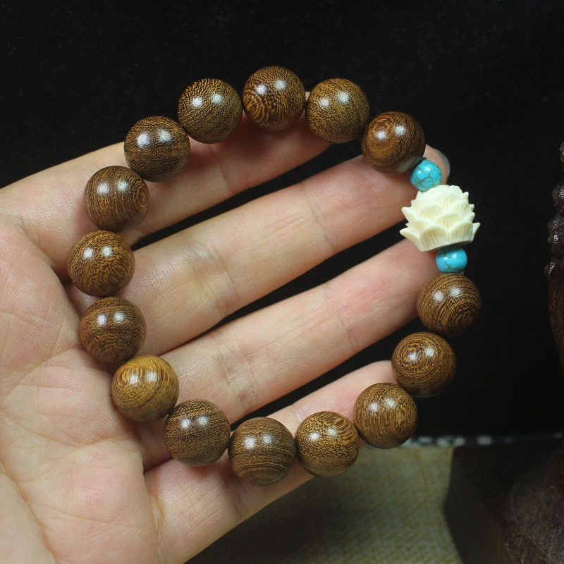 

12mm Golden Sandalwood Bracelet with White Lotus , Simple Chinese Style Jewelry for Men and Women, Buddhist Prayer Beads