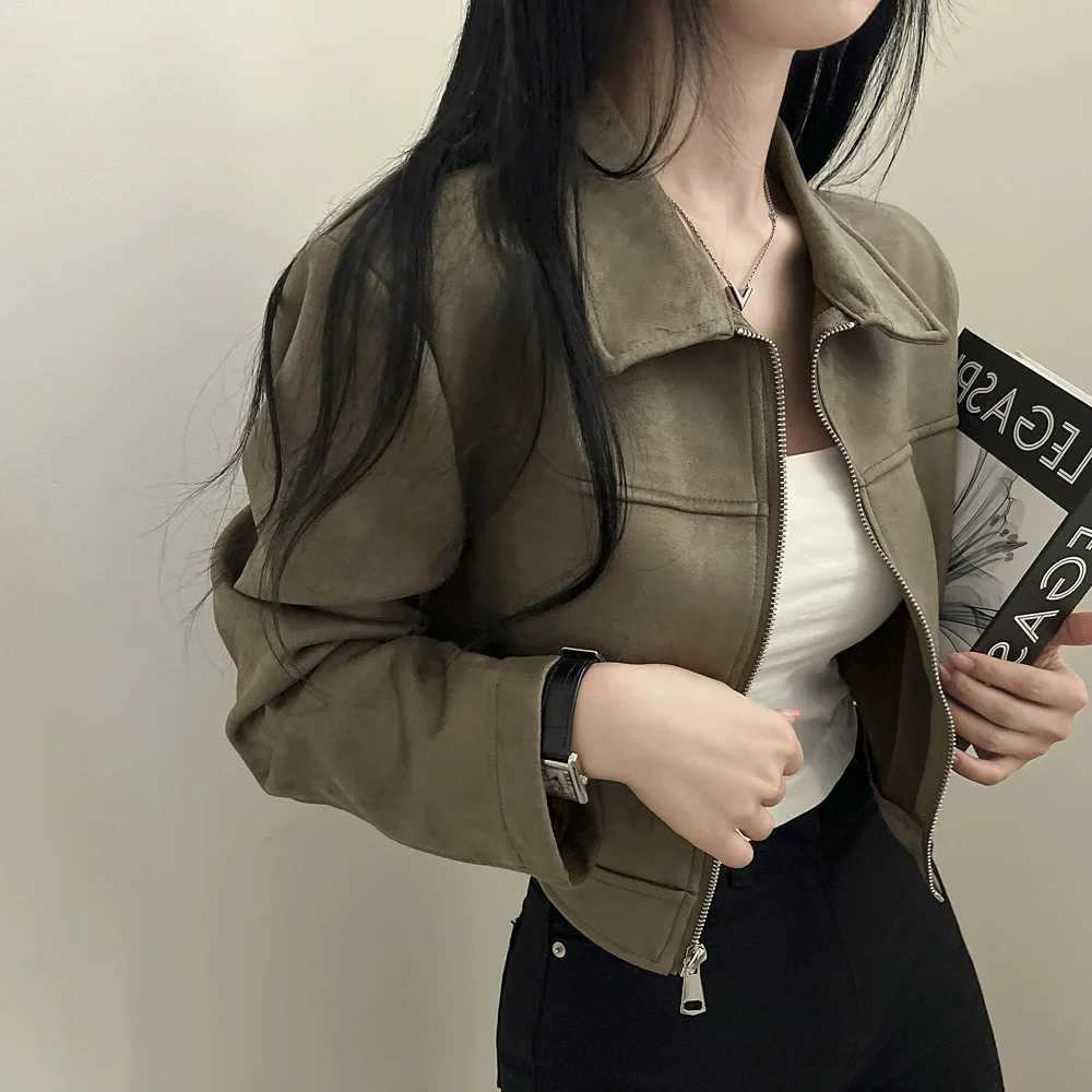 Women Cropped Jacket Zip Up Lapel Collar Utility Pockets Long Sleeve Khaki Bomber Motorcycle Outerwear Vintage Streetwear