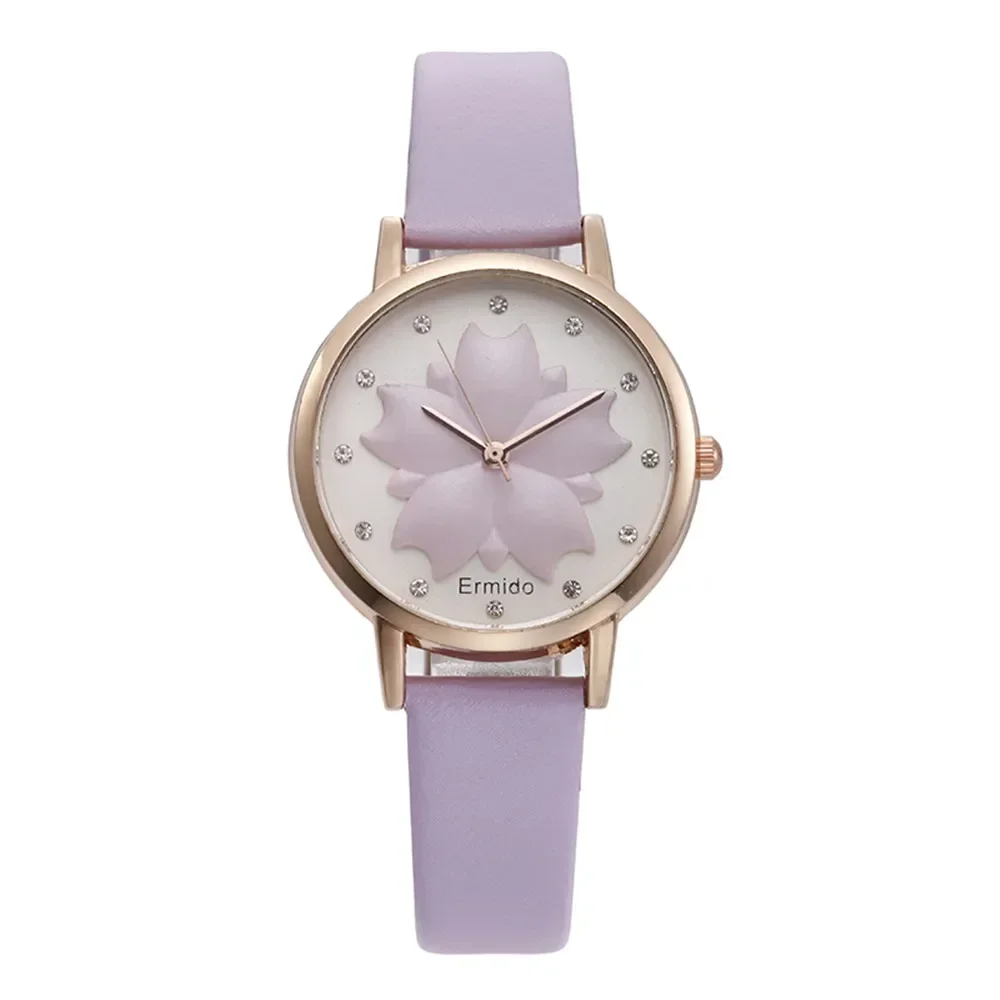Relógios de pulso de quartzo de couro vintage feminino, mostrador flores, relógio feminino simples, ponteiro ouro rosa, relógio casual, moda