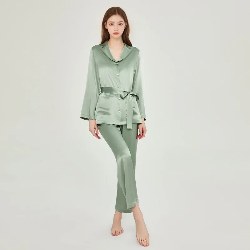 

19 momme 100% Mulberry Silk Women's Kimono pajama set Diamond Button Down long sleeve trousers Pajamas 2 Piece elegant Nightwear