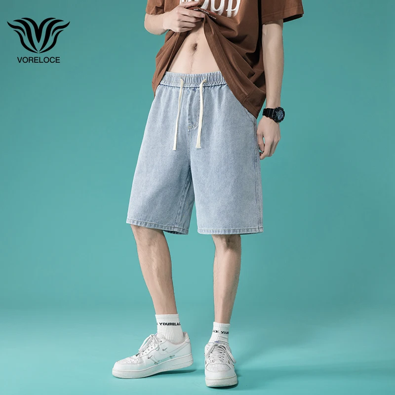 

2022 summer trend men's straight loose drawstring elastic waist denim shorts light blue simple high street fashion casual shorts