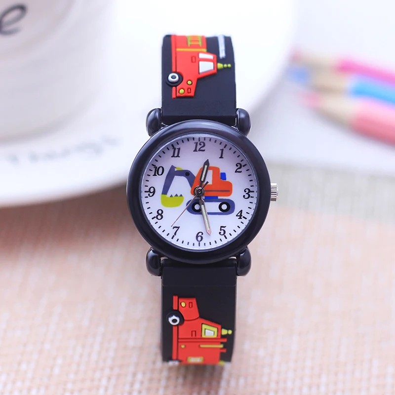 3D Cool Cartoon Fire Truck Strap Excavator Face Luminous Hands Electric Watches For Children Boys Girls Little Students Gifts