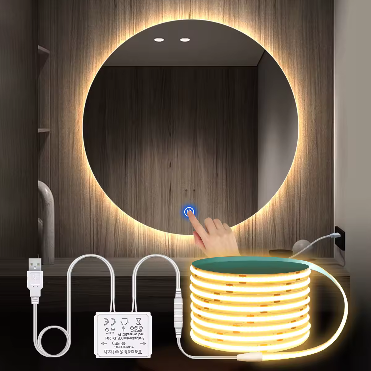 מנורת איפור LED נטענת באמצעות USB עם תאורת רצועת LED במתח 5V וחיישן מגע, ניתן לכווץ את התאורה למראה החדר האמבטיה