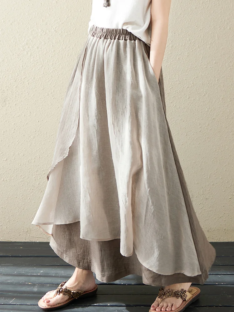 تنورة ماكسي من الكتان بطبقات مزدوجة تنورة يابانية غير متناظرة من القطن والكتان f تنورة للجسم بخصر عالٍ على شكل حرف a جرس Sve #1