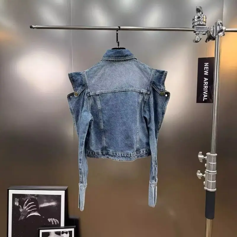 Woman Peaked Collar Denim Jacket Streetwear Retro Triangular Shoulder Spliced Jeans Coat Holes Long Sleeve Cowboy Outwear Tops