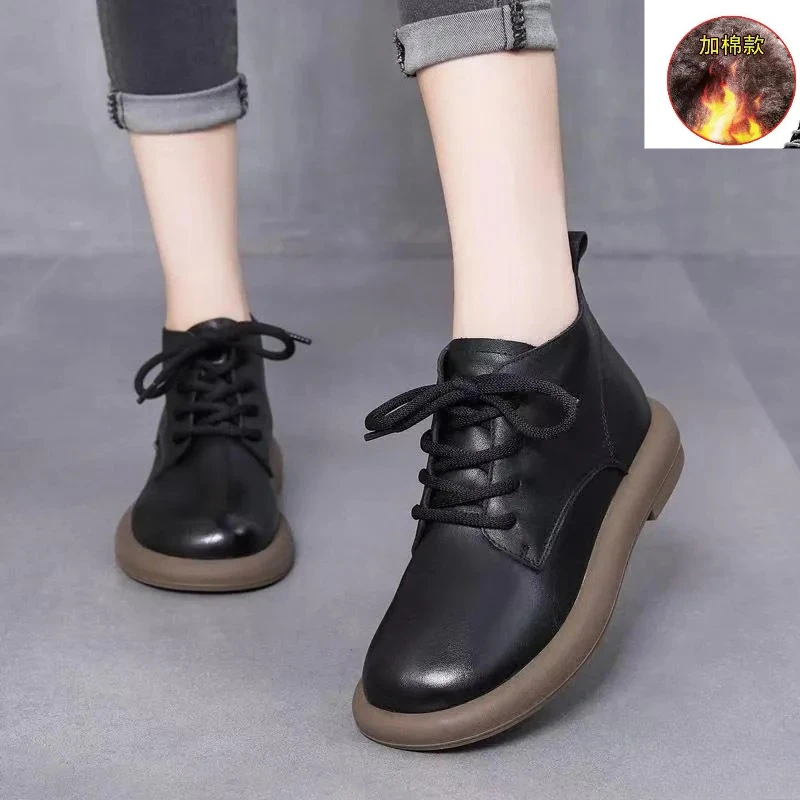 

Winter New Solid Color Retro Wom Shoes Lace Up Warm Ankle Boots for Women Thick Soled Sloping Heel Round Toe Women's Short Boots