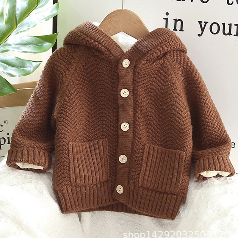 2023 Winter New Boys Sweater Jacket Lining Plus Velvet Thicken Keep Warm Hooded Overcoat For 1-8 Years Girls Knit Cardigan