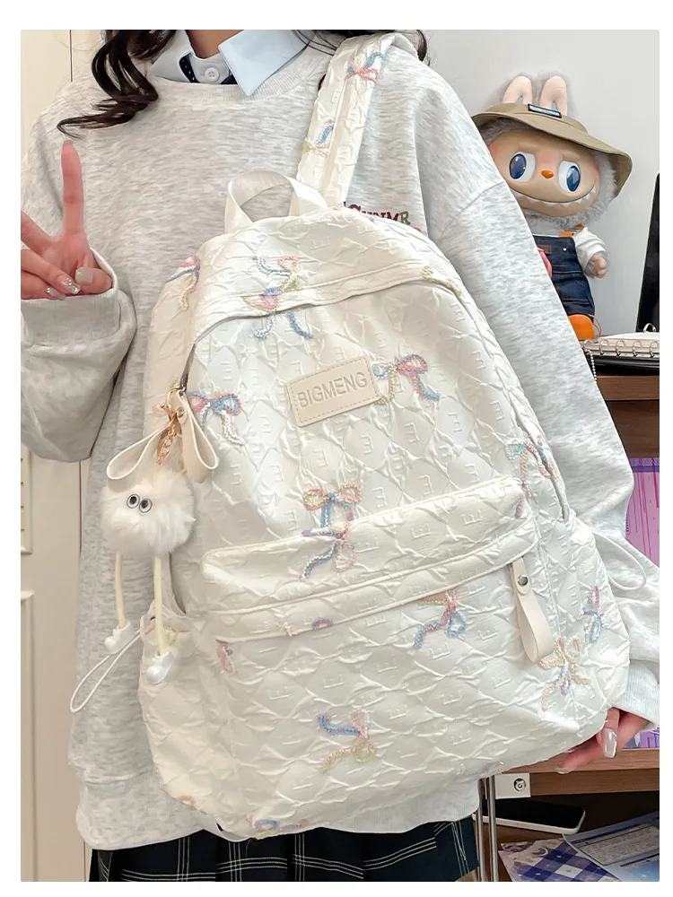 Colorful Bow Full Print Ruched Fabric Backpack Four Colors Available Large Capacity Girls Junior High High School School Bag