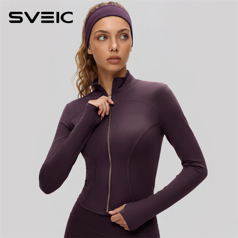 

SVEIC Gym Top Gold Zipper Long Sleeve Yoga Jacket Sports Stand Collar Slim Fit Breathable Fitness Running Workout Clothes Women