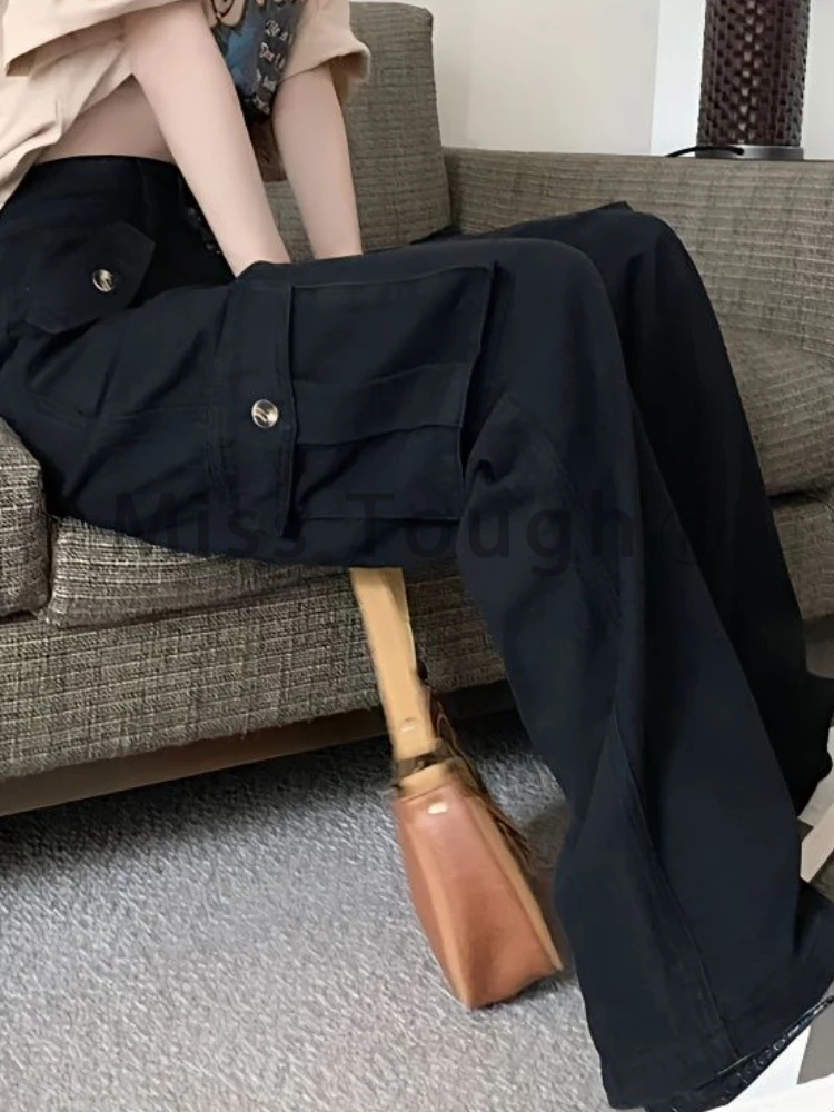 Autumn High Street Cargo Pants Women Pockets Vintage Fashion Black Baggy Pants Female Button High Waist Casual Pants 2023 New