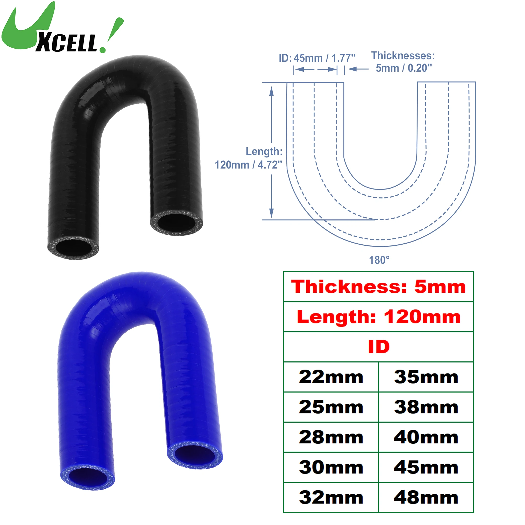 

UXCELL 180 Deg. 22mm 25mm 28mm 30mm 32mm 35mm 38mm 40mm 45mm 48mm ID Silicone Hose Coupler Intercooler Tube 120mm Long