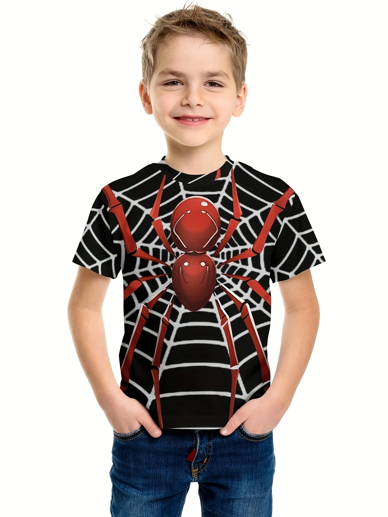 Cool Spider 3D Print Boy's T-shirt, Casual Short Sleeve Breathable Comfy Summer Outdoor Tops