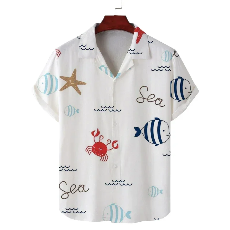 Cartoon Crab Starfish Small Fish Print Short Sleeved Shirt for Men with Fresh Ocean Style Beach Vacation Shirt