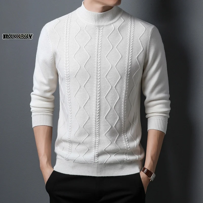 

Мужской свитер из 100% чистой шерсти с высоким воротником, утепленный, с длинным рукавом, повседневный, базовый слой