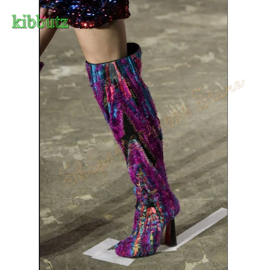 Colorful Fringed Leather Over The Knee Boots Round Toe Thick Heel Women Boots Party High Heel Boots 2024 New Zapatos Para Mujere